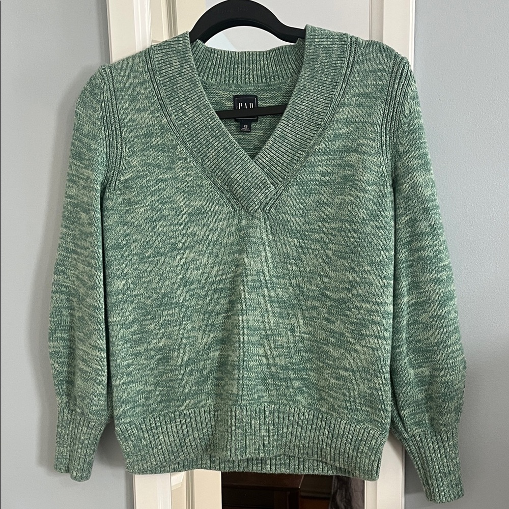 GAP Green Teal 100% Cotton Knit V-Neck Sweater XS - Picture 2 of 6